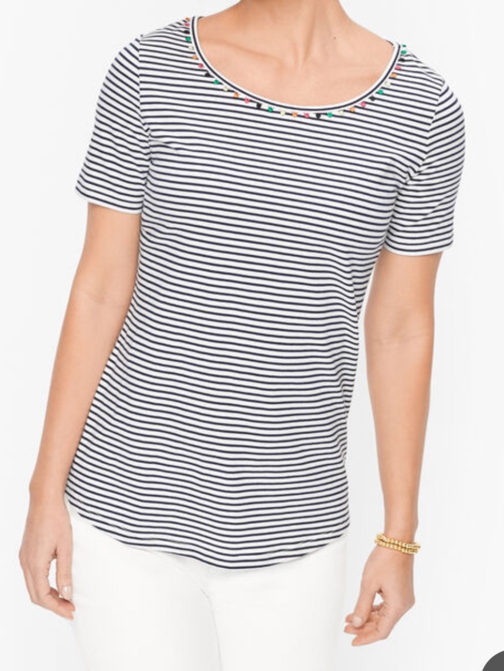 Talbots Blue & White Striped Pom Pom Trim Short Sleeve Cotton Tee Size 0X